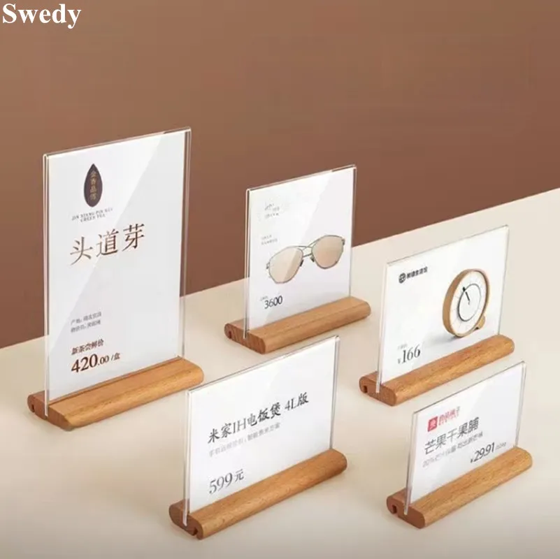 100x70mm T / L Use Wood Price Label Card Tags Table Number Name Card Holder Acrylic Menu Paper Flyer Sign Holder Display Stand