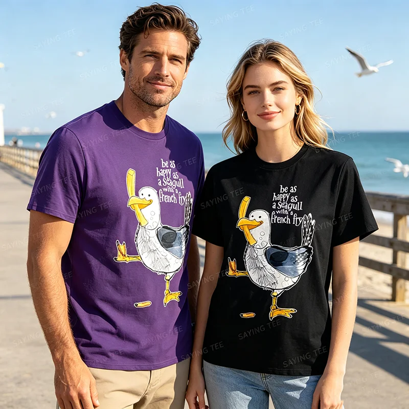 Be As Happy As A Seagull with A French Fry Funny Seagull T-Shirt Y2k Beach Vacation Clothes Bird Watcher Novelty Gift Cotton Tee