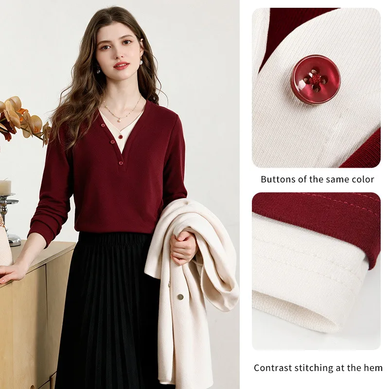 I BELIEVE YOU Women's Red Fake Two-Piece Long Sleeve T-Shirt  2026 Autumn V Neck Cotton Tees Elegant Slim Inner Top 2263016392