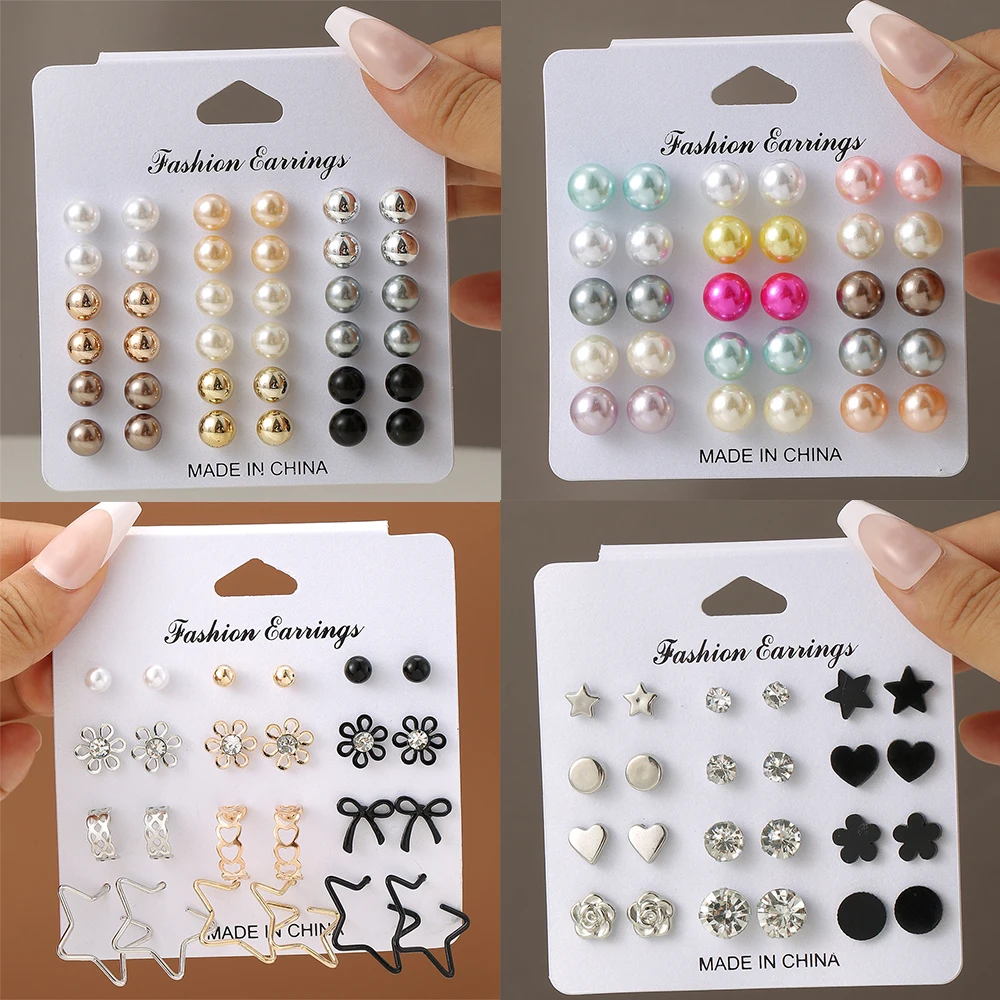 Multi Pairs Pack Earrings Crystal Simulated Pearl Earrings Set for Women Jewelry Accessories Piercing Ball Stud Earring Kit