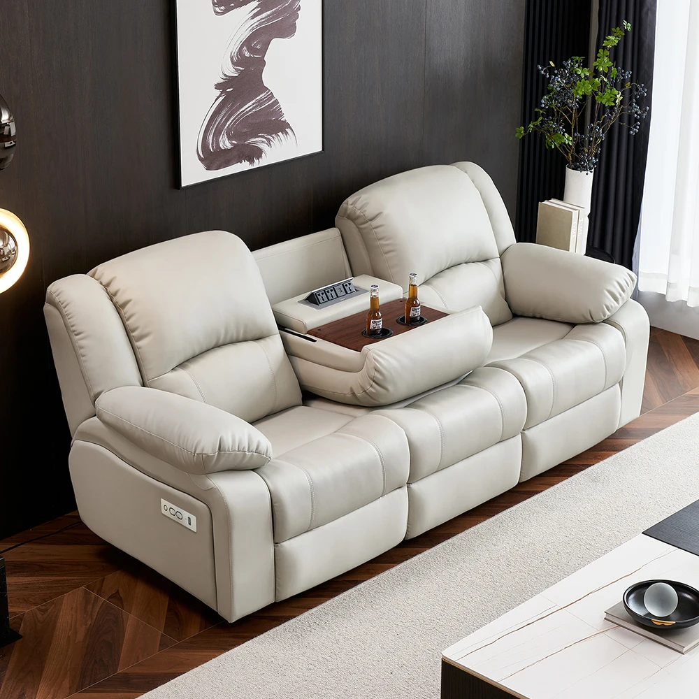 Customization Power Reclining Sofa Modern 3 Seat Light Gray Leather Living Room Furniture With USB Electric Recliner Sofa