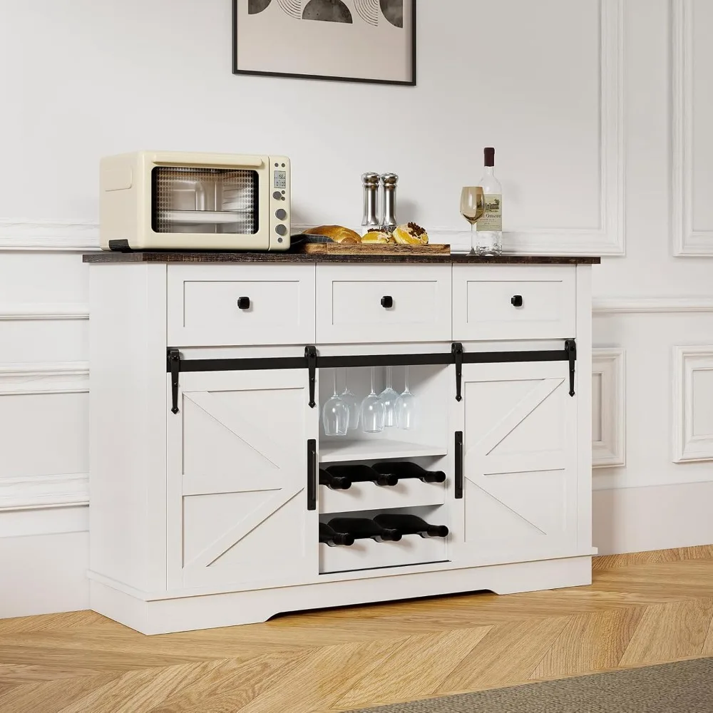 خزانة بوفيه واسعة 54 باللون الأبيض الريفي مع أبواب حظيرة منزلقة لتخزين النبيذ في المزرعة وبار القهوة #3
