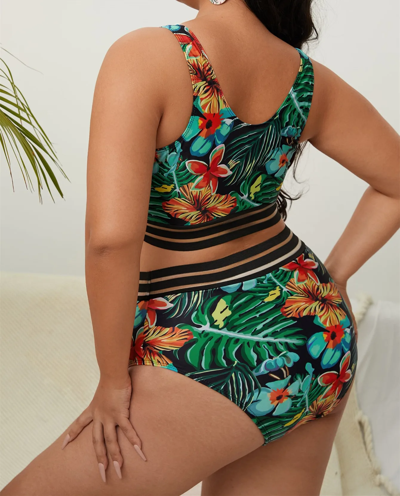 Plant Floral Print Plus Size High Waist Bikini Swimwear Women\'s Swimsuit Beachwear Bathing Suits