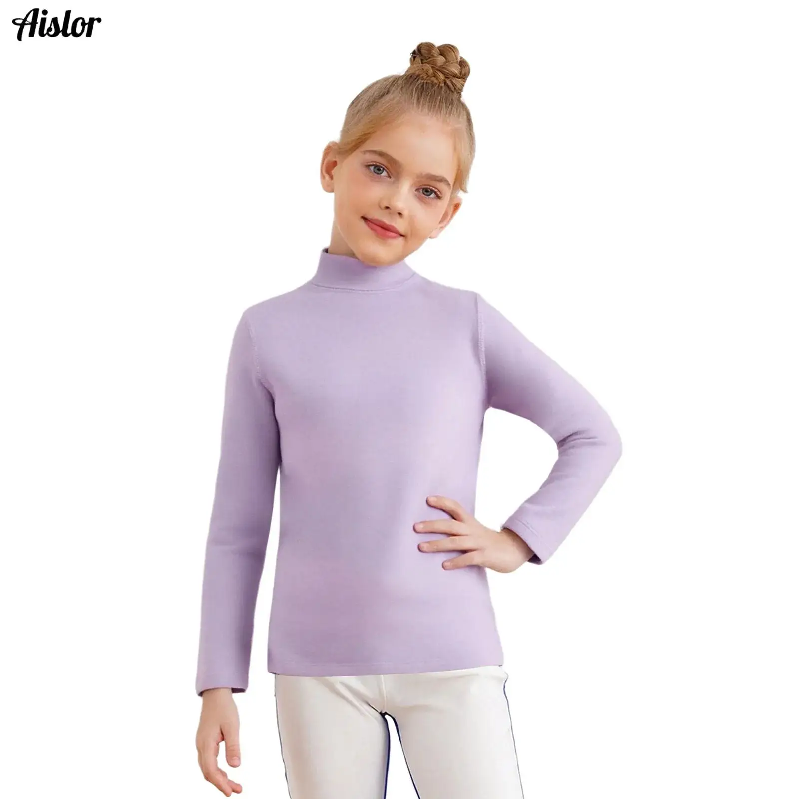 ملابس داخلية حرارية للأطفال والبنات والأولاد مبطنة بالصوف للخريف والشتاء برقبة وهمية وأكمام طويلة بلون سادة قميص داخلي أساسي