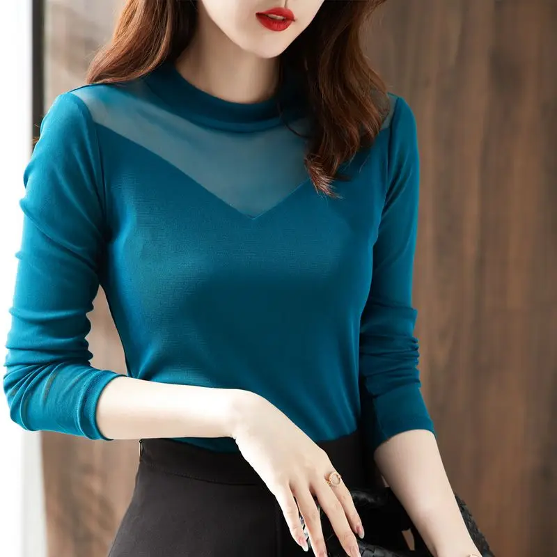 

Peacock Blue Mesh Splice Top Small round Neck Partial Double Layer Anti Light Thin Film Shirt Micro Translucent Spring Autumn...