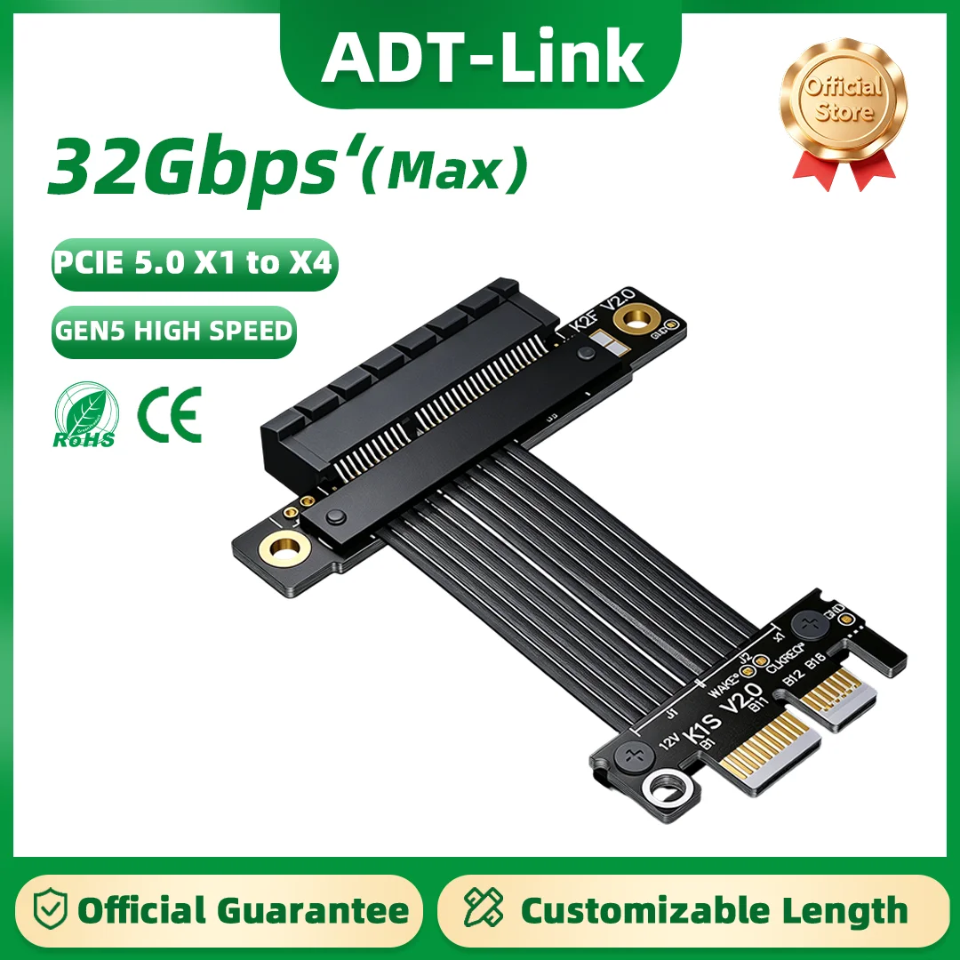 ADT-Link PCIe 5.0 X4 to X1 Riser Cable Dual Right Angle Adapter Support Network Card Hard Drive Expansion Cable Gen5
