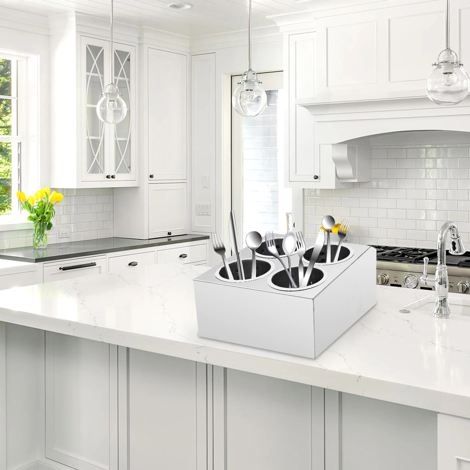 กล่องเก็บมีดและส้อมแบบ 4 ช่อง 2 แถว ยี่ห้อ Bymaocar สำหรับวางบนเคาน์เตอร์ ทรงกระบอก วัสดุสแตนเลส สำหรับจัดเก็บอุปกรณ์ครัว