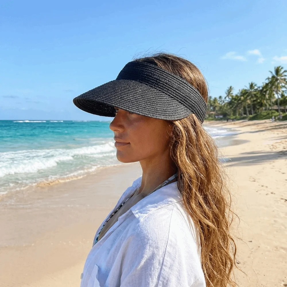 Simple Solid Color Straw Sun Cap Adjustable Foldable Summer Visors Hat Empty Top Hat Breathable Wide Brim Beach Hat Travel