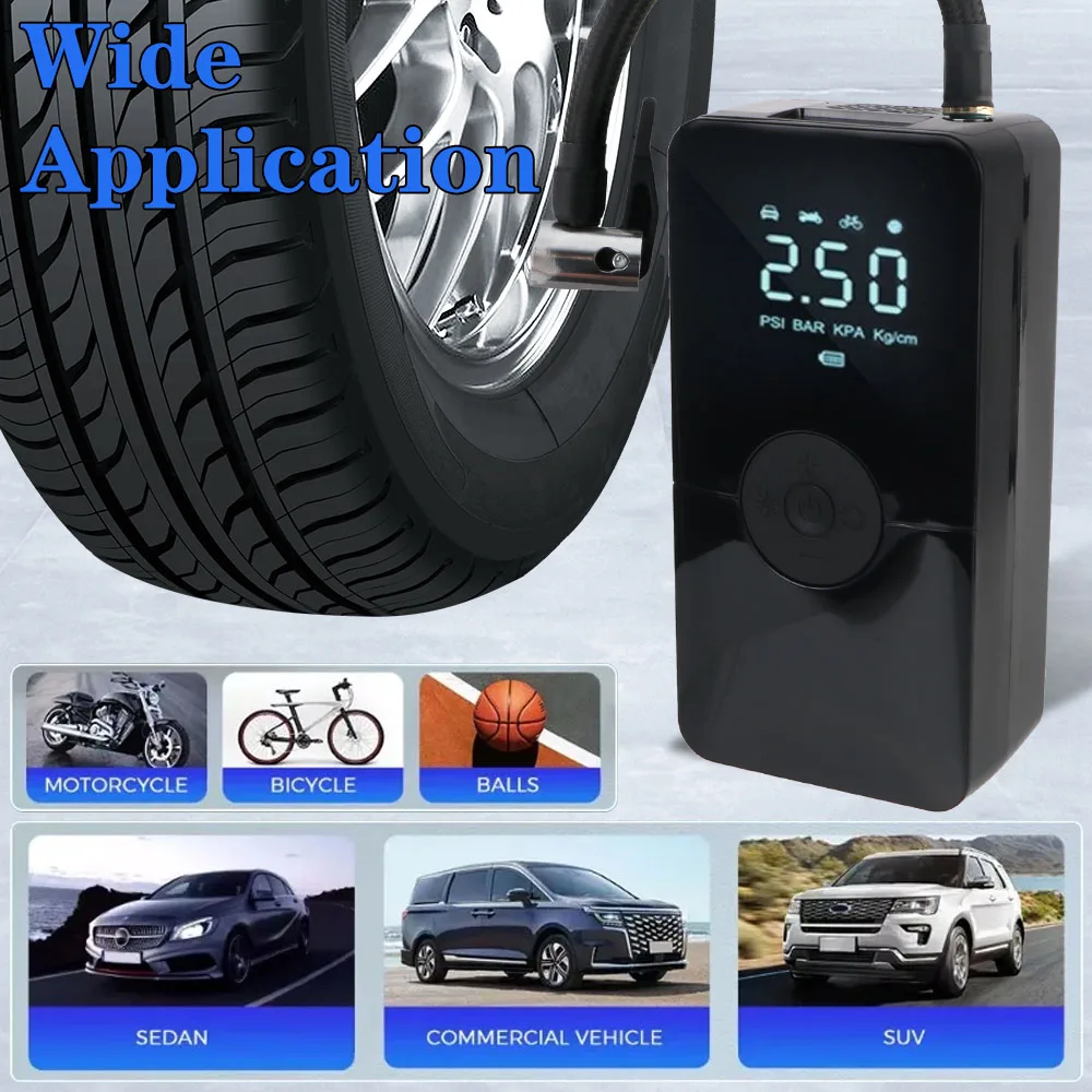 Portable Tire Pressure Gauge With LED Light Air Compressor Air Pump Digital Tire Inflator LCD Display Wireless 150PSI 120W