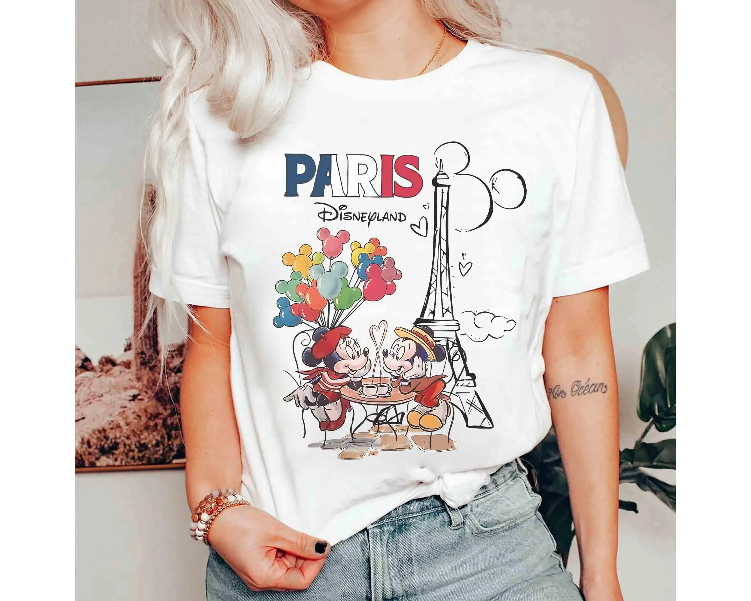 Camiseta vintage de Mickey y Minnie de París y Disneyland | Camiseta de viaje para niñas de la Torre Eiffel | Camiseta Transpirable para Vacaciones en Parques Temáticos de Verano