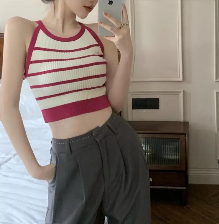 Woman's Vest Cool Summer Halter Neck Sleeveless Knit Striped Short Length Fashion Ladies Tops Dropshipping HTBHA1082