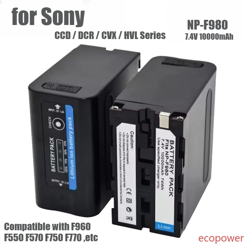 USB-Output 10000mAh NP F970 NP-F980 F960 F970 Battery with LED Power Indicator for Sony F960 F550 F570 F750 F770 MC1500C 190P