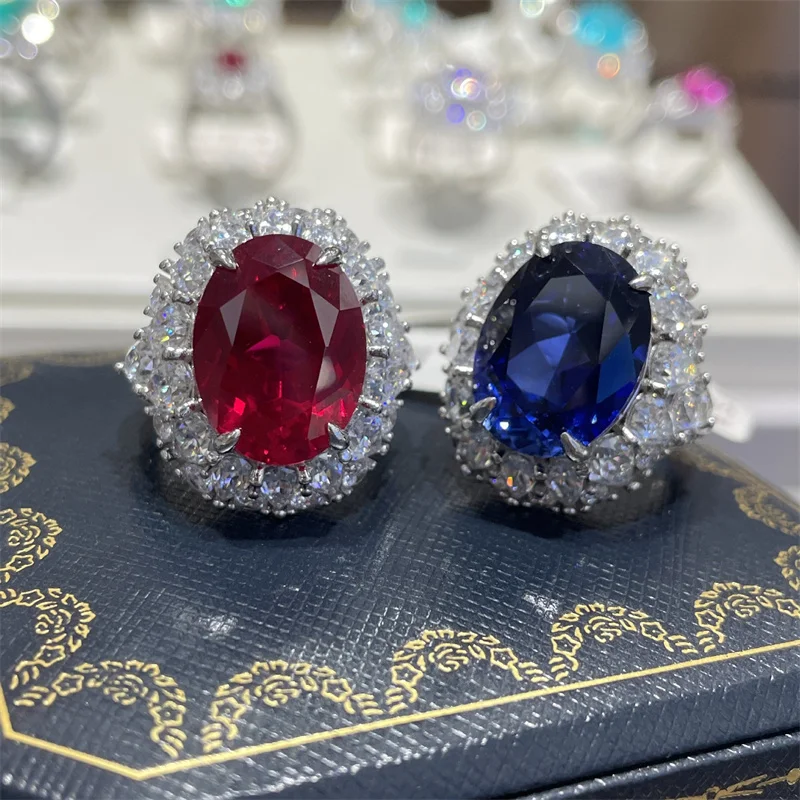 

ZFSILVER 925 Silver Luxury Trendy Cultivated Gemstone 12ct Blue Red Oval Ring For Charm Women Wedding Party Jewelry Gift R3-0066
