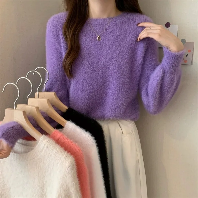 

Женский свободный вязаный свитер с капюшоном, осень-зима, корейский бархатный теплый топ из норки, длинный свеч ort Length