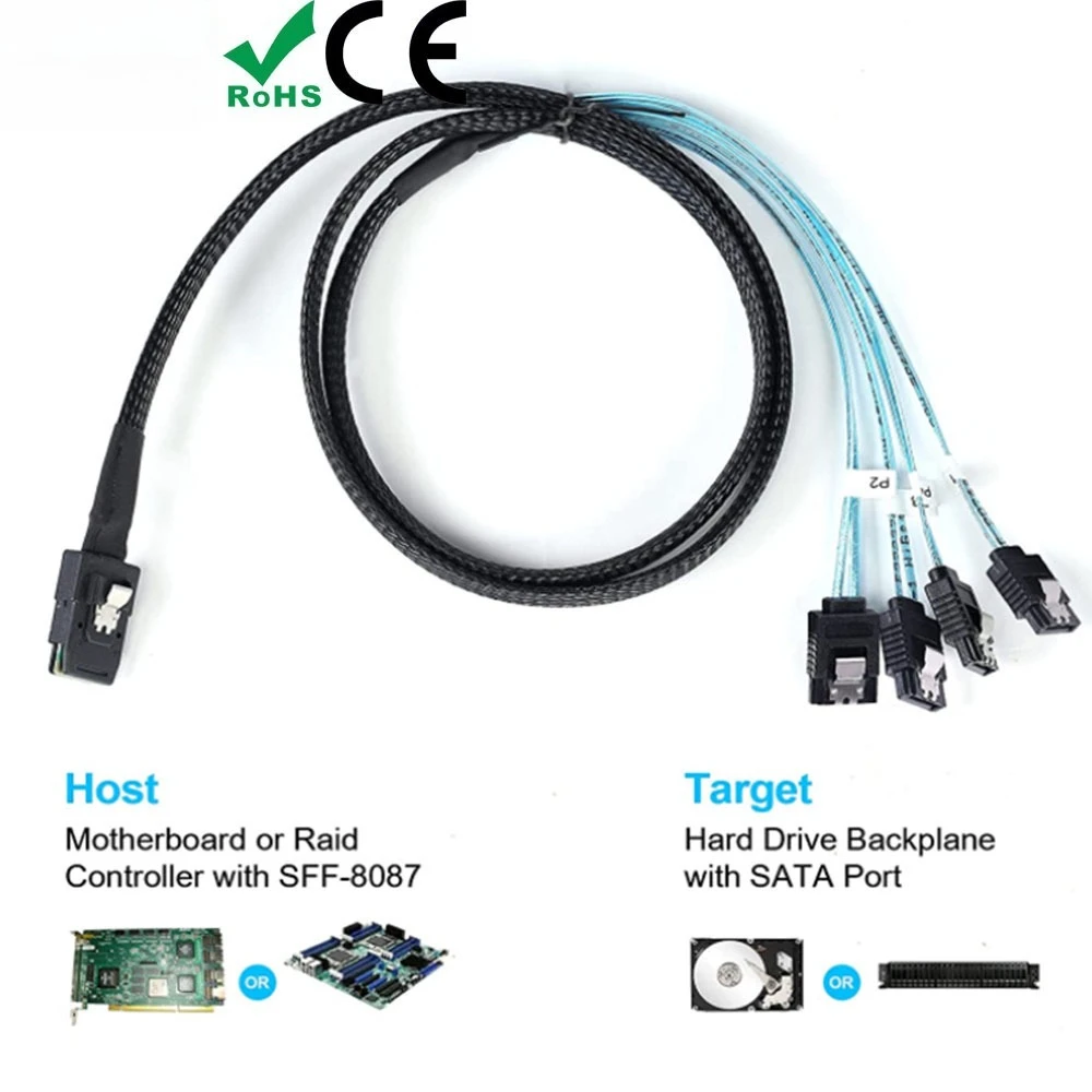 Internal Mini SAS SFF-8087 To 4 SATA Cable with Latching Connector 12Gbps 90 Degree Angle for Server SSD HDD RAID Controller