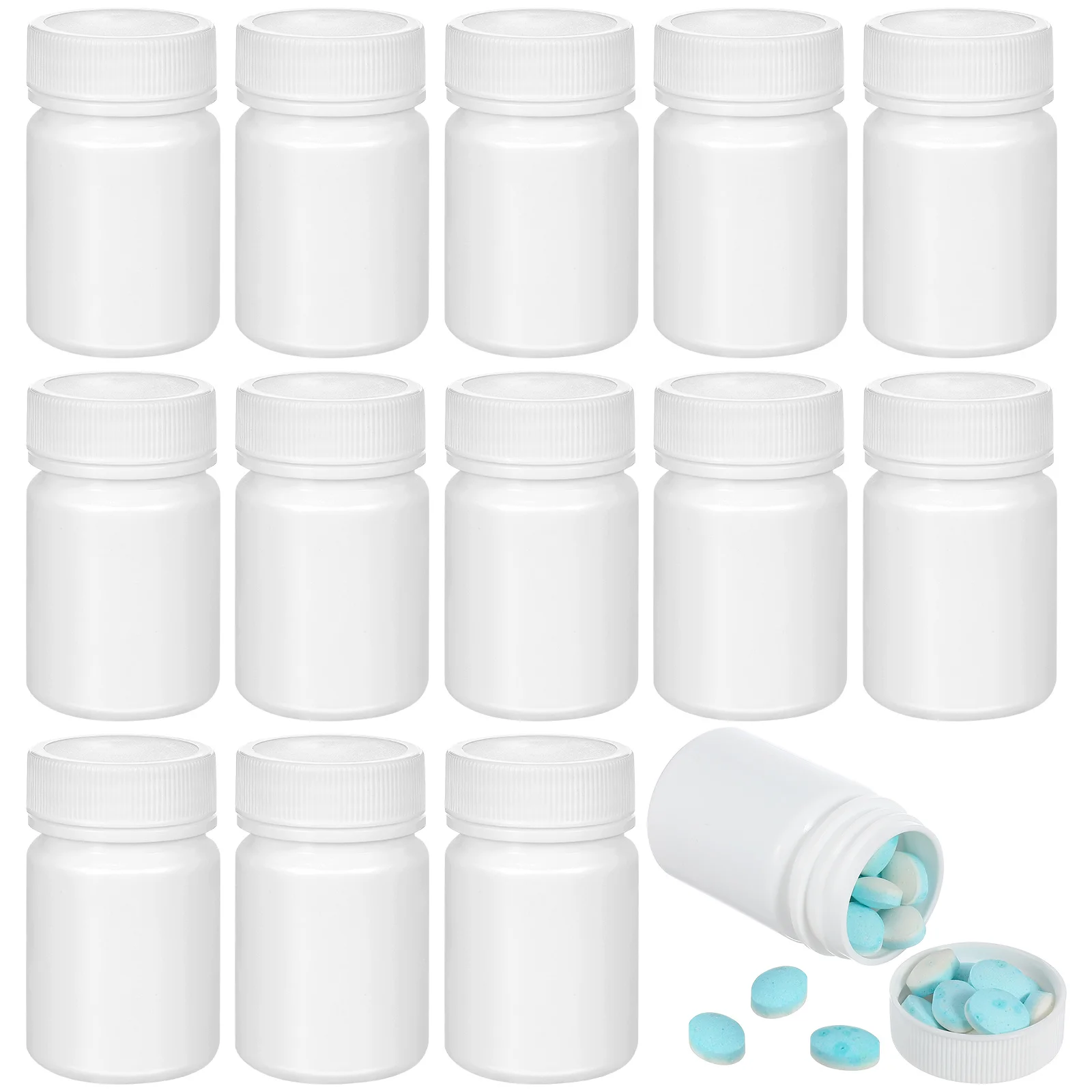 20 piezas contenedor de pastillas de 50Ml, botella pequeña portátil para pastillas, soporte para tableta de viaje, botellas de almacenamiento de cápsulas blancas, medicamentos