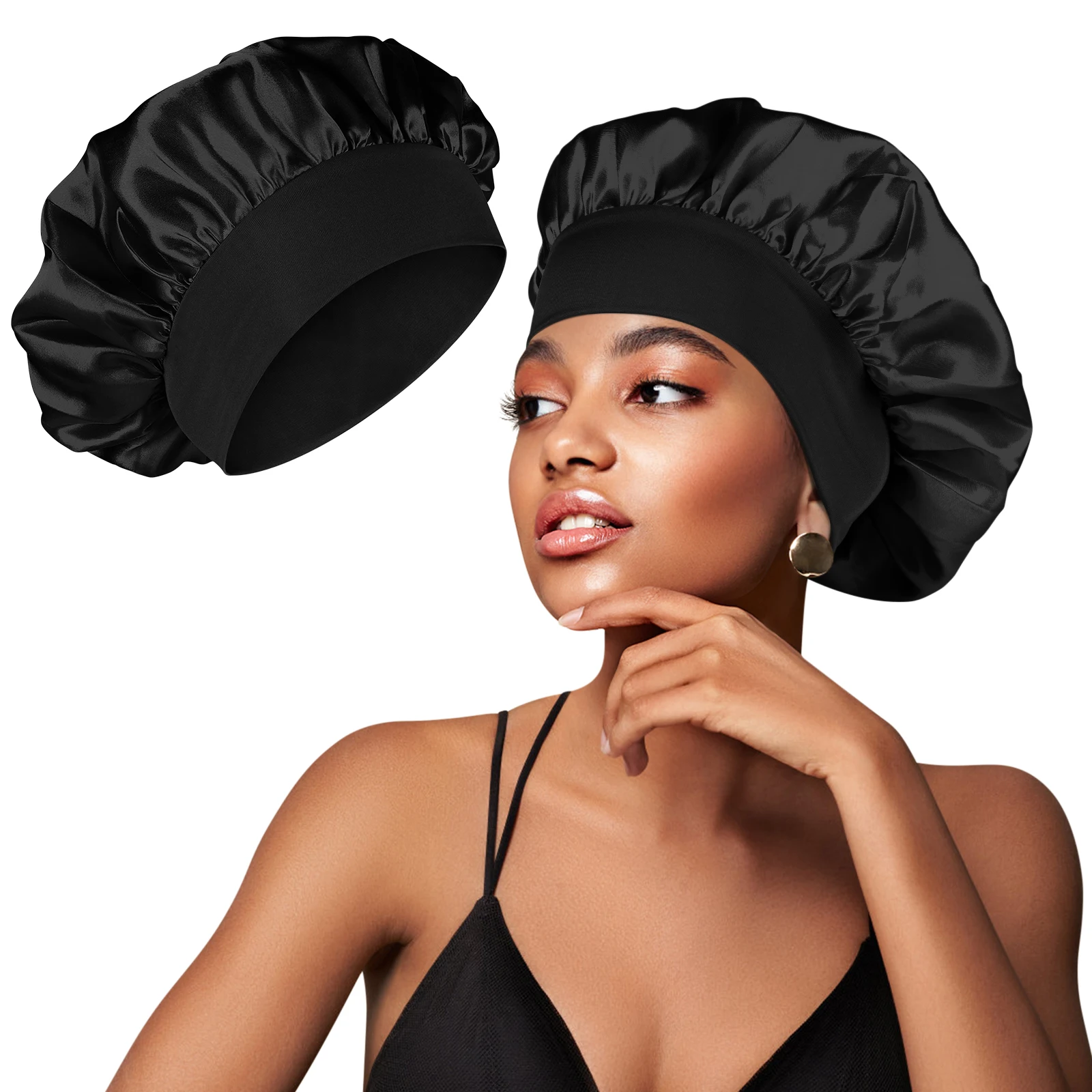 1pc/lot Women's Solid Color Satin Wide-Brimmed Shower Cap Suitable for Daily Use Silk Bonnet Satin Bonnet