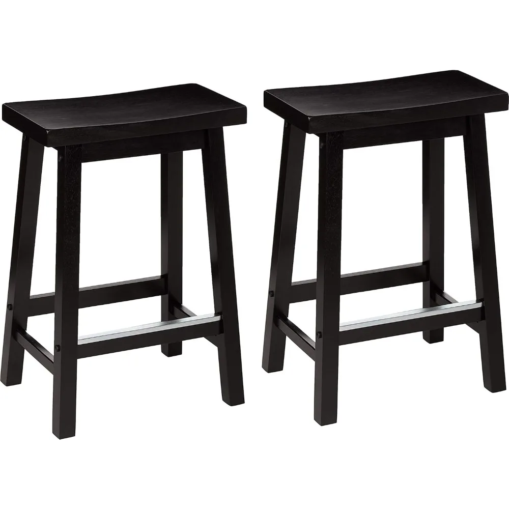 Solid Wood Saddle-Seat Kitchen Counter-Height Stool, 24-Inch Height, Black - Set of 2