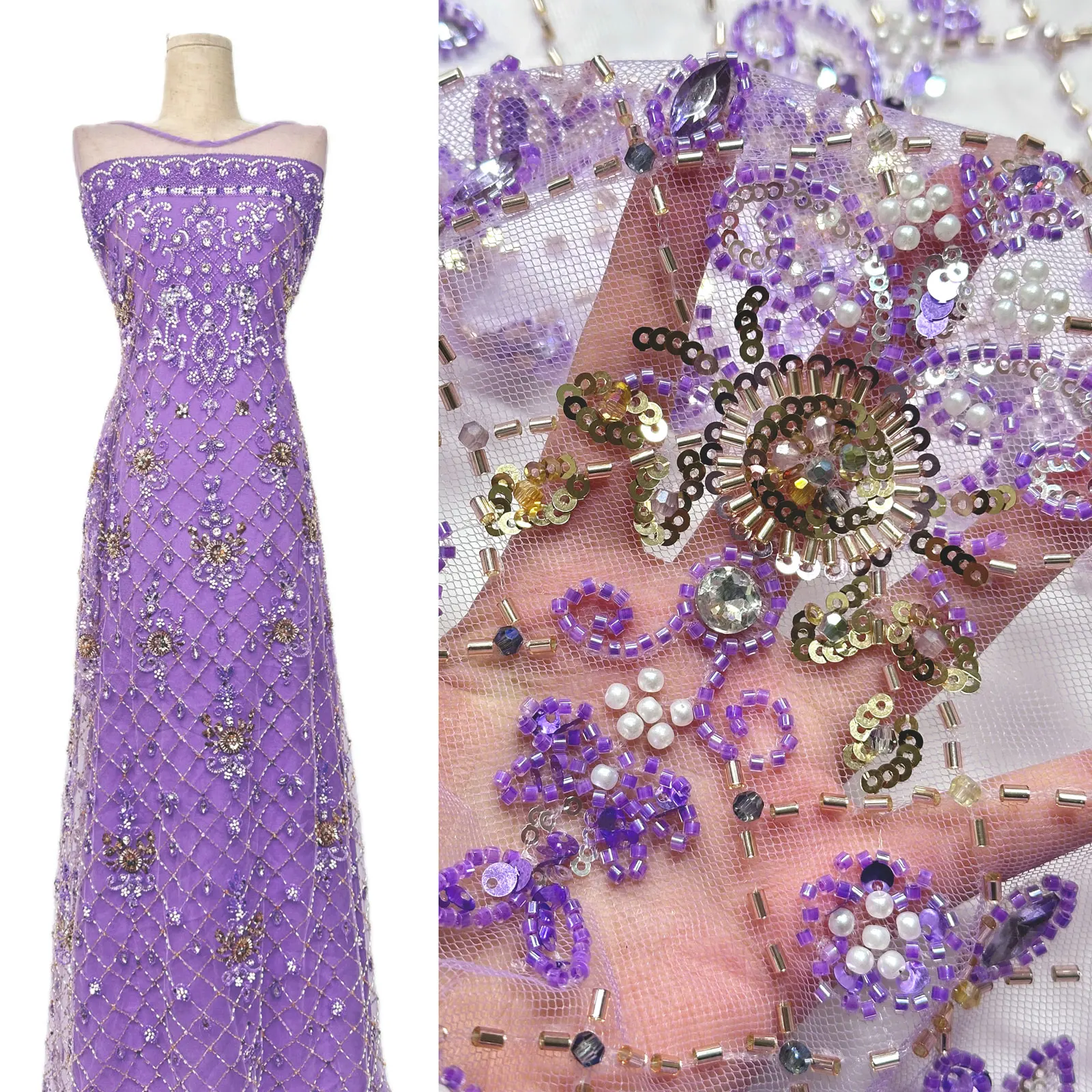 Lila afrikanischer Edelstein-Perlen-Spitzenstoff 2026 Luxuriöser französischer Pailletten-Spitzenstoff für Damen Brautkleid Hochzeitskleid Nähen 5 Yards – Detail 5