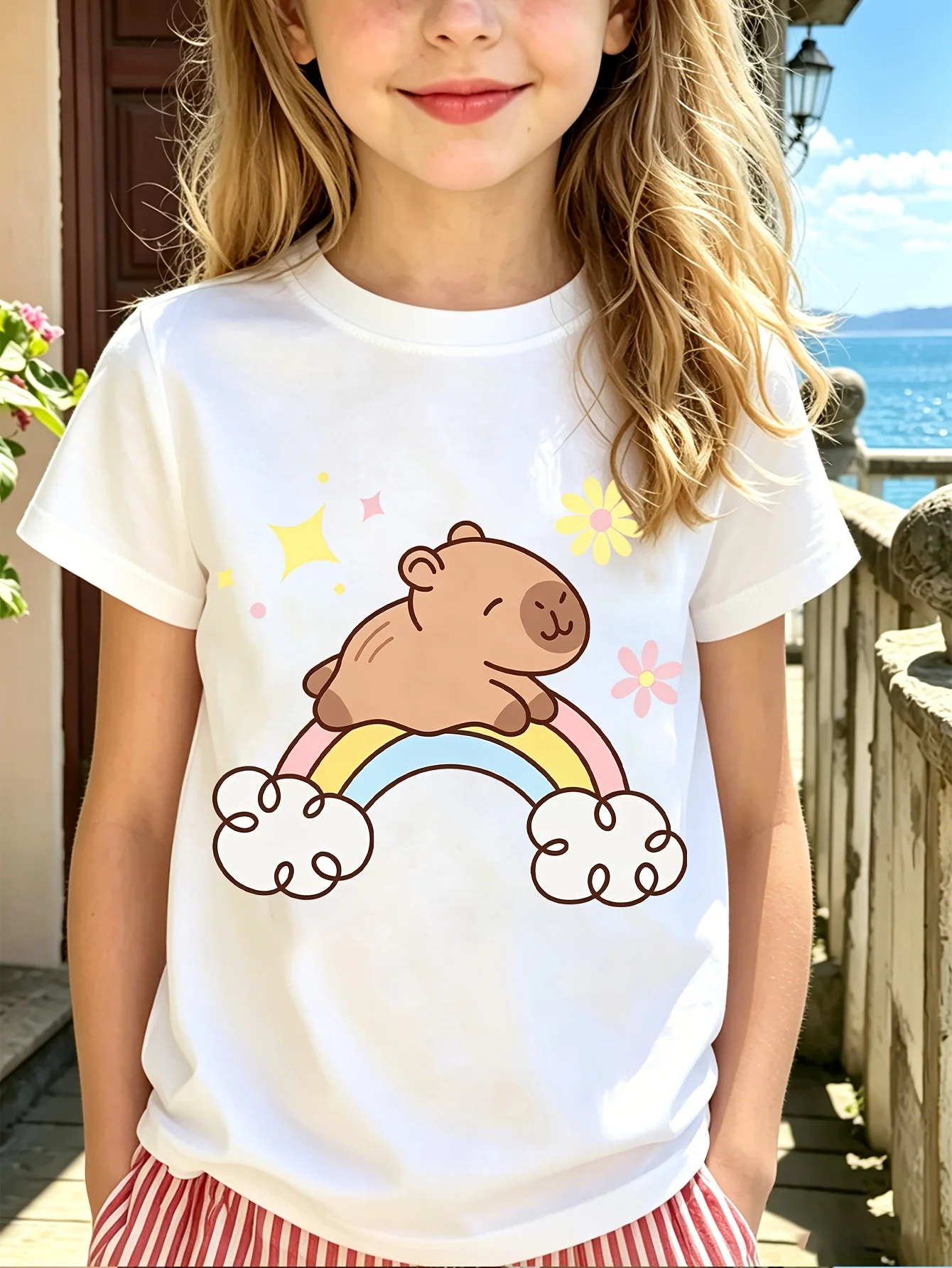 Family Matching T Shirt Cartoon Capybara Rainbow Floral Graphic Print Short Sleeve Cotton Tee For Boys Girls Kids Daily Wear