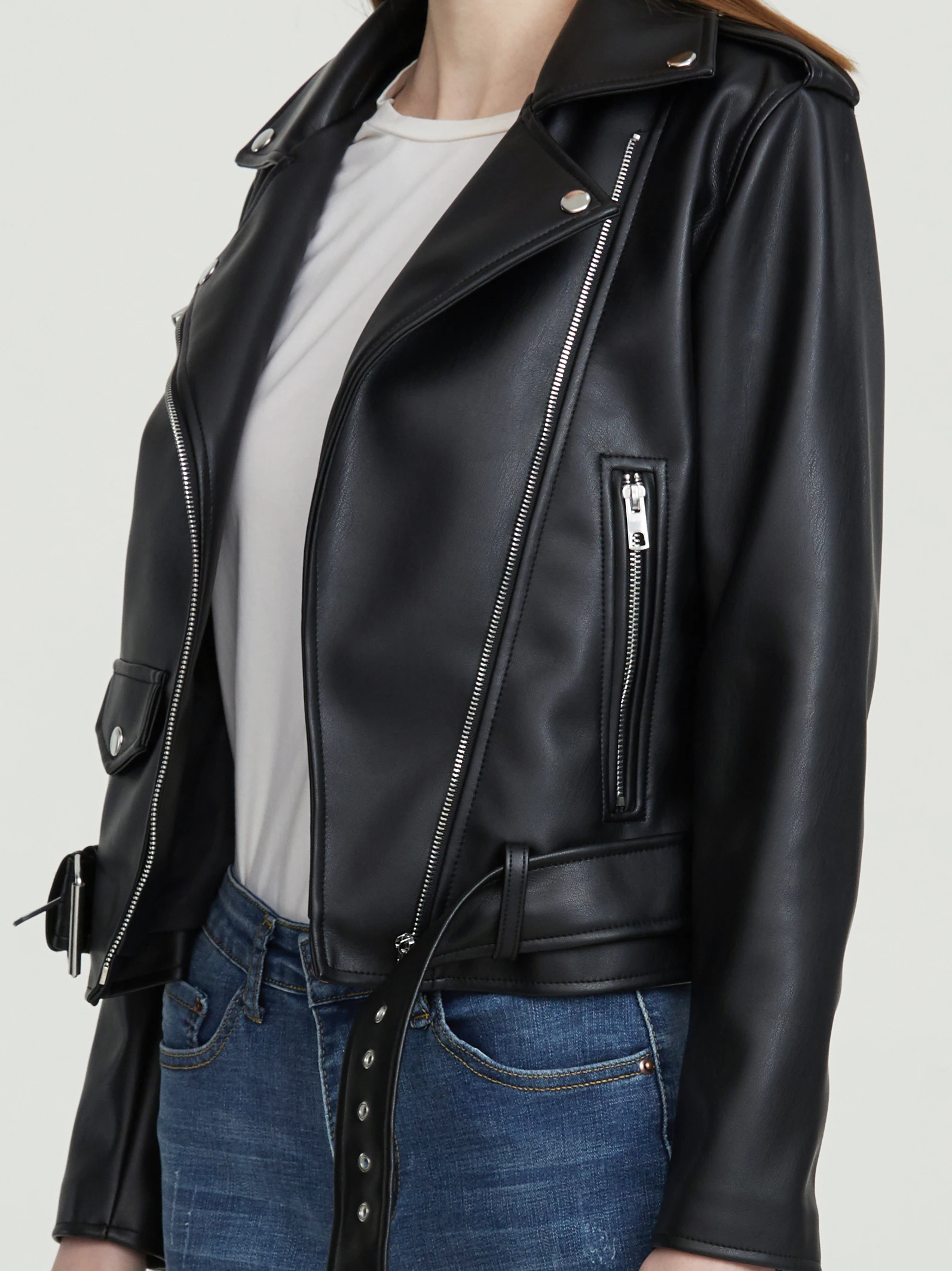 Veste en Faux Cuir de Mouton avec Ceinture pour Femme, Vêtement de Haute Qualité, Souple, avec Fermeture Éclair, pour Moto, Collection Automne Hiver 2023