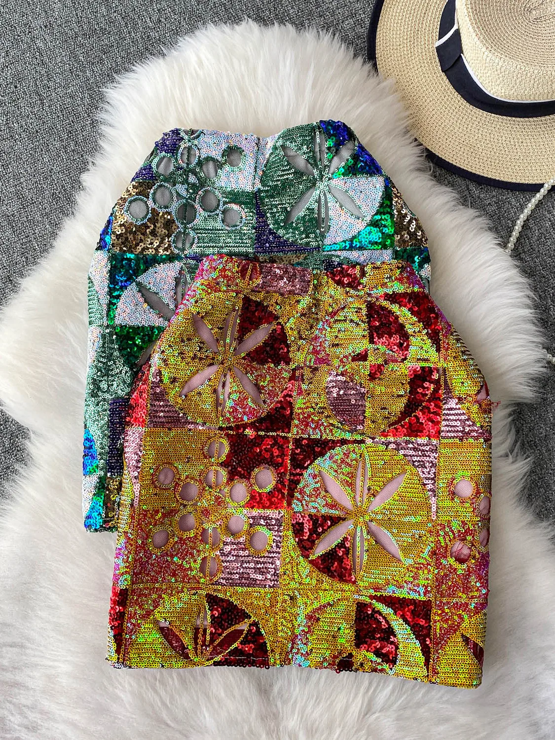 Glittery Heavy Embelliment  Skirt Women's Faion Slimming ort Skirts High Waist A-Line Korean Sle Commute