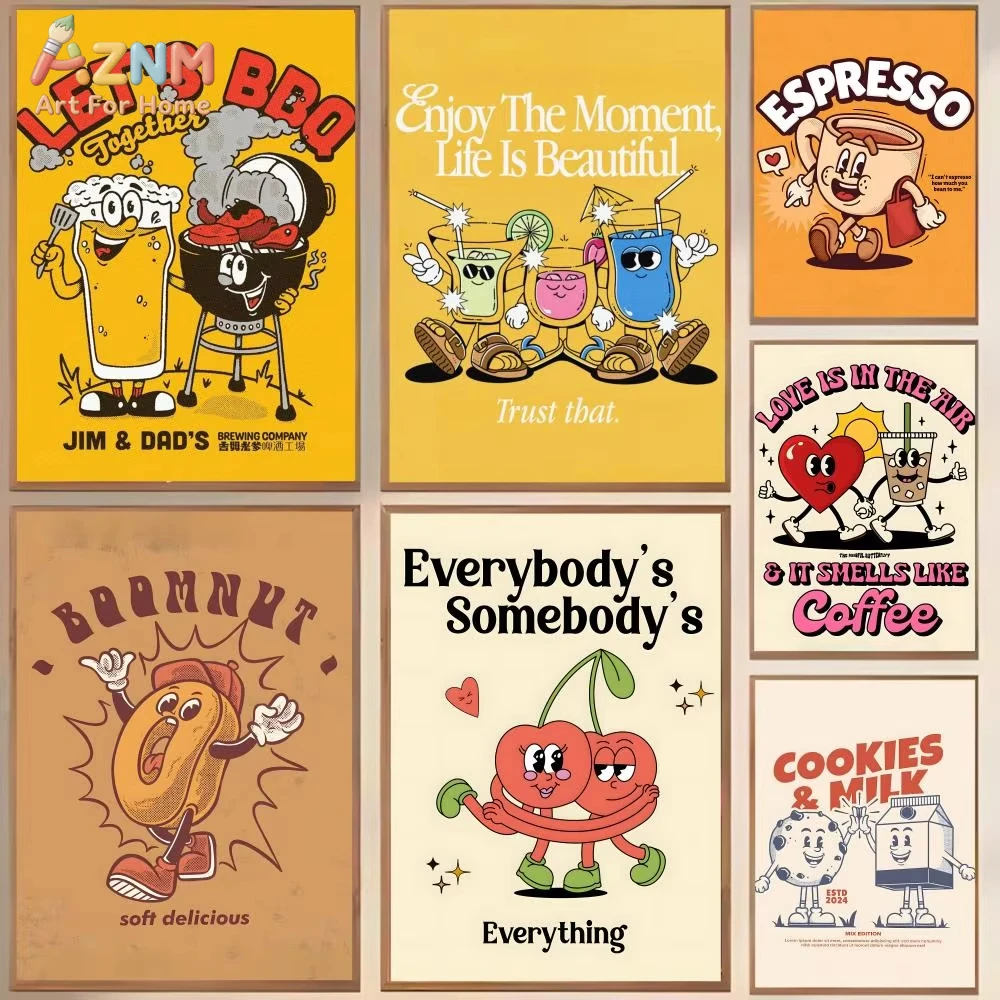 

1 шт. Ретро-постер с мультяшными персонажами и едой, современный и элегантный настенный декор для дома, украшение для гостиной, настенное искусство