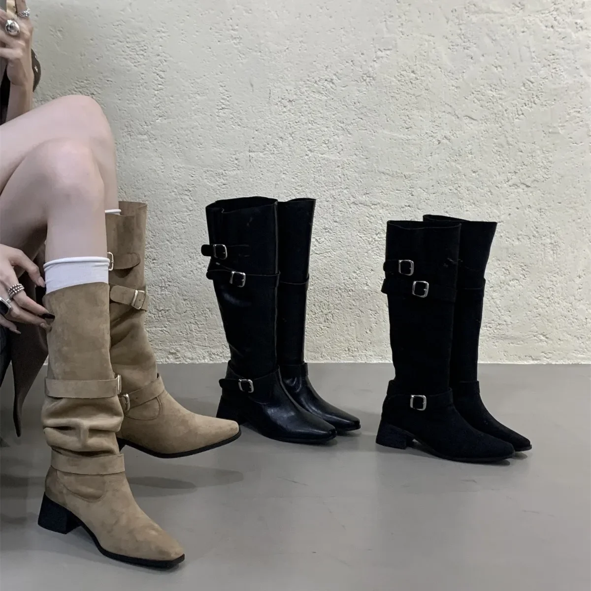 

Pointed Toe High Tube Boots Women's Autumn Winter New Sle Belt Bule Chunky Heel Two-Way Wear Leather Knight Boots