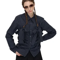 QWEEK Plaid Vintage Shirt American Retro Y2k Bow Harajuku Women's Blouses Korean Basic Long Sleeve Button Up Clothes Autumn