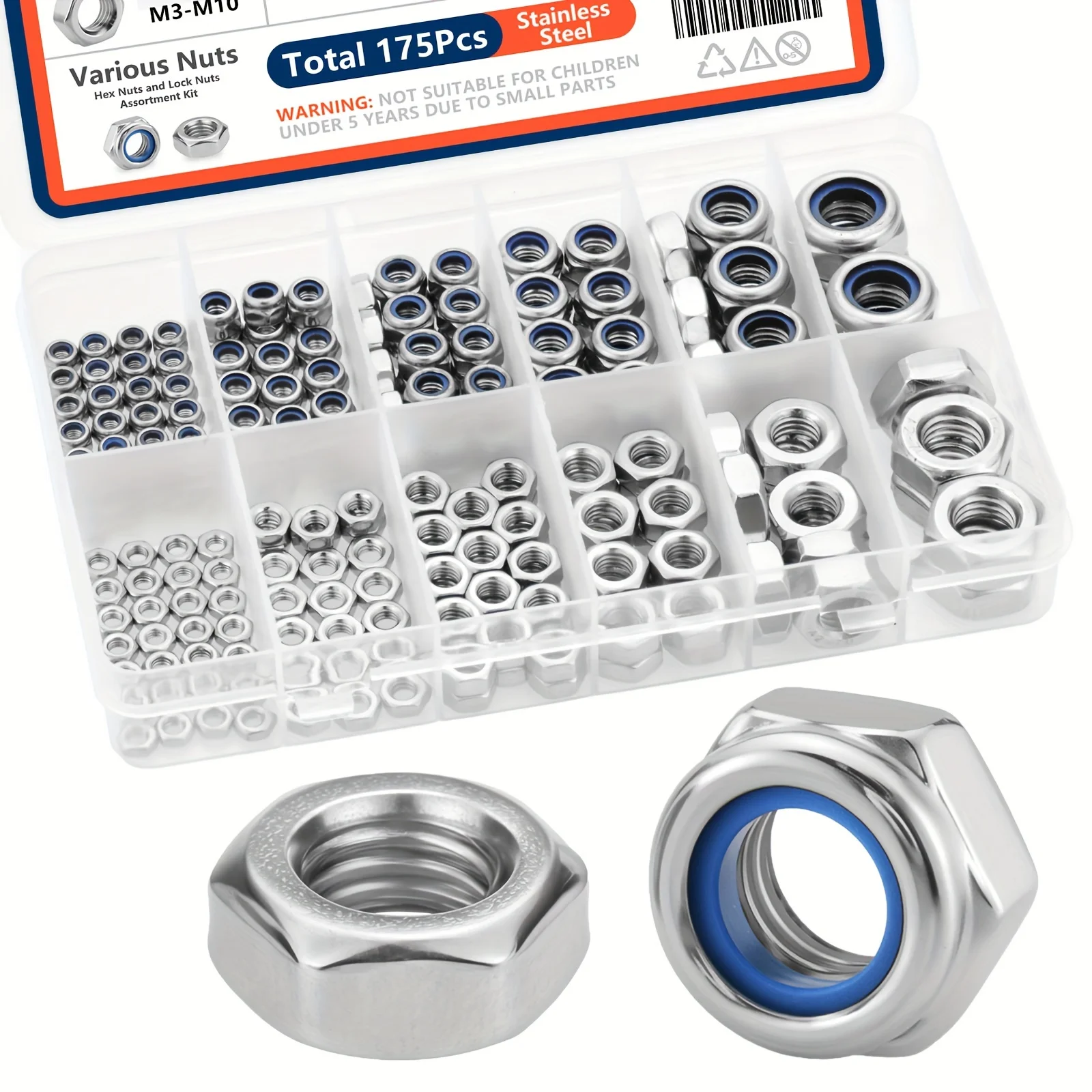 Locknuts & Hex Nuts Assortment Kit M3 M4 M5 M6 M8 M10, 175Pcs Assorted Metric Nylon Insert Lock Nuts & Hex Nut Set, Stainless S