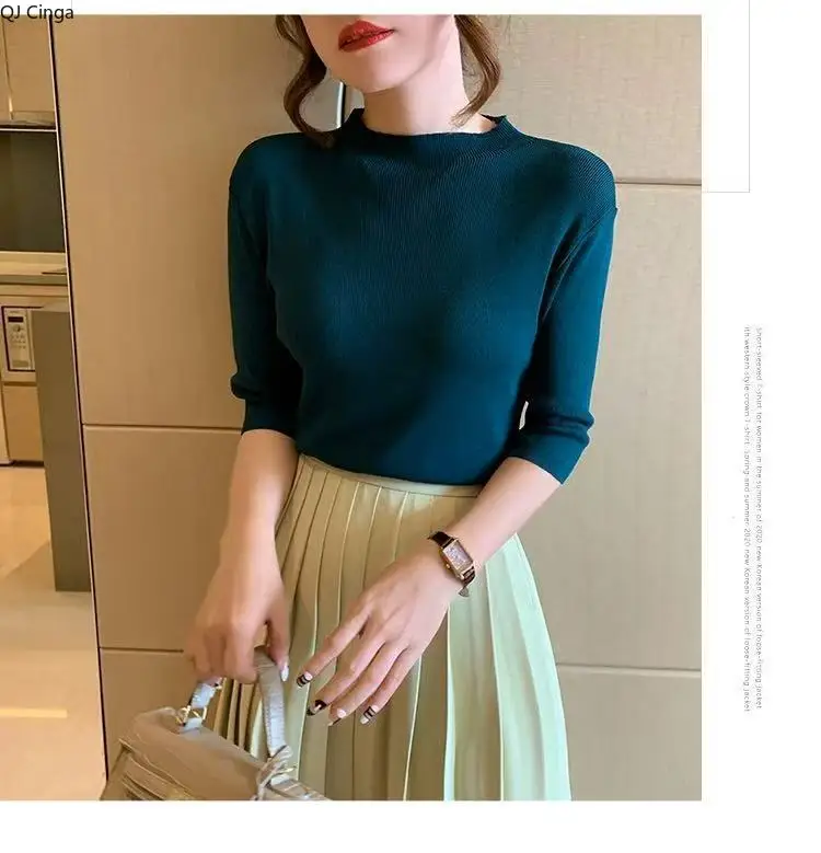 通勤スタイルの女性のハーフハイネック 5 分袖ニットセーター、春夏スリムニットボトムシャツ、アジアサイズ T シャツ