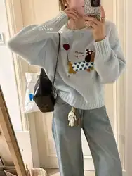 Cute Dog Embroidery Soft Sticky Knitted Sweater Women Jumper Long Sleeve Autumn Winter 2024 Pullover Tops Korean Fashion Sweater