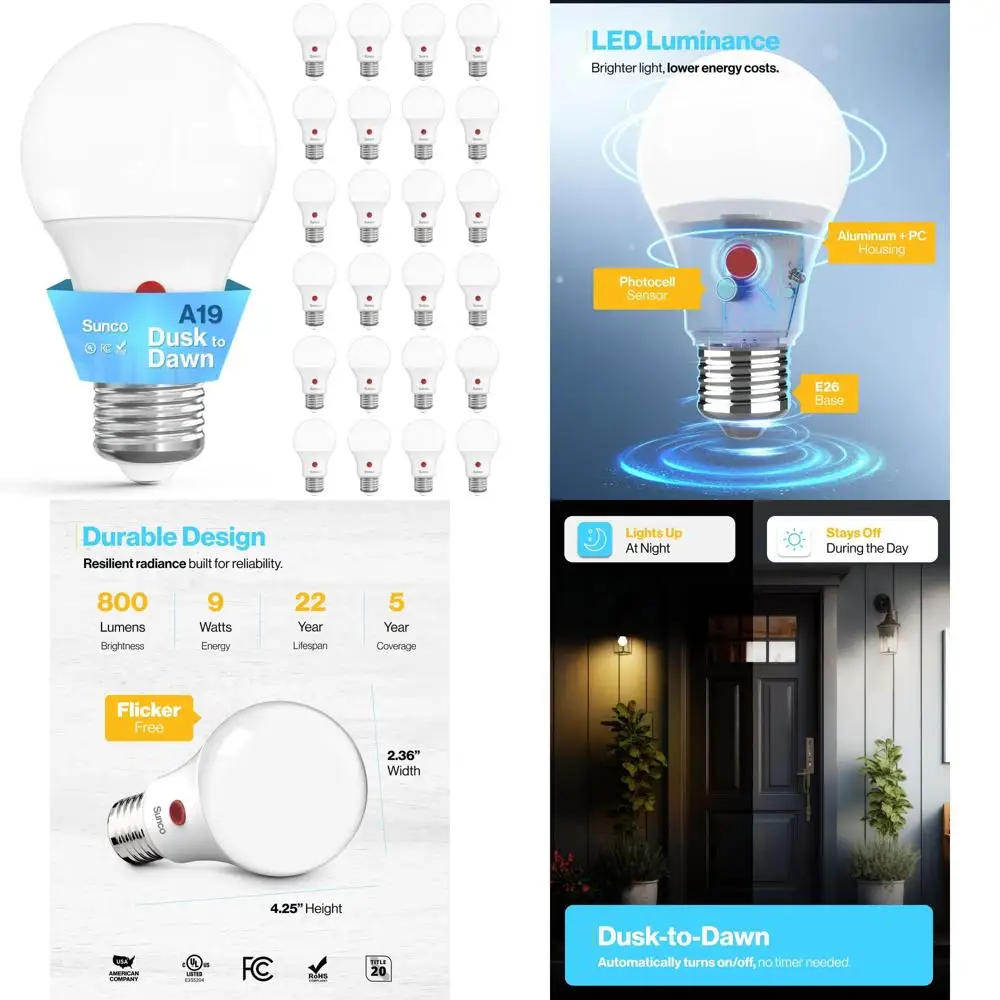 

Набор из 24 светодиодных уличных ламп мощностью 9 Вт с фотоэлементом, 800 люмен, эквивалент 60 Вт, холодный белый свет 4000K, автоматическое включение/выключение, класс защиты IP65, сертификат UL.