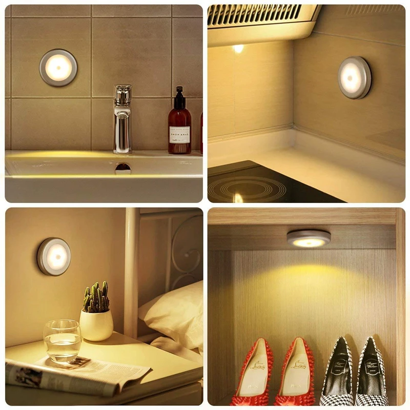 PIR Motion Round Sensor Cabinet Light Auto Smart Night Lamp LED Lights For Home Bedroom Closet Kitchen Wardrobe Light