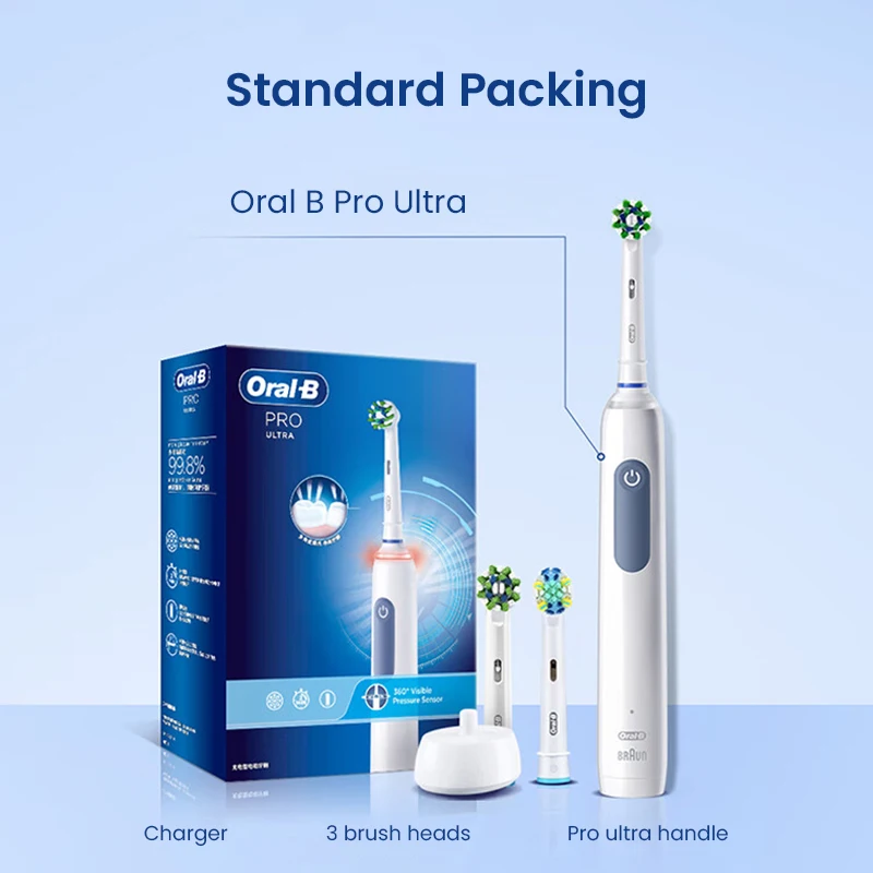 Oral B-Pro 4 Toothbrush Ultra Elétrica, 3D Acústico Onda, Escova de Dente Inteligente, 2 Min Timer, 30s Lembrete, 4 Modos, 3 Cabeças Escova