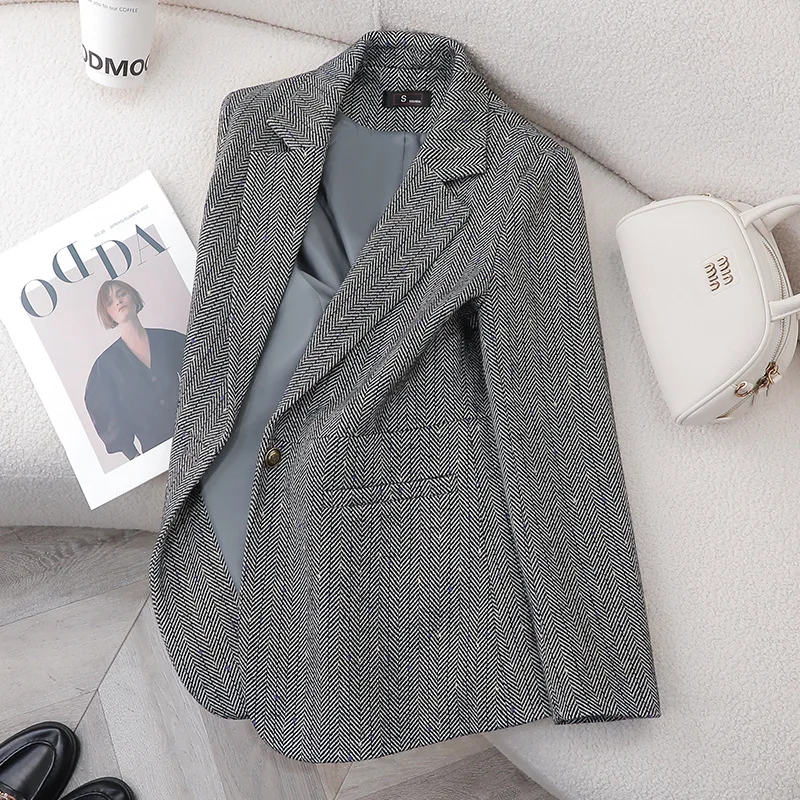 2025 Autumn Woolen Jacket Women Winter New Coats Long Sleeve Notched Single Button Blazers Feminino Vintage Thick Outerwears