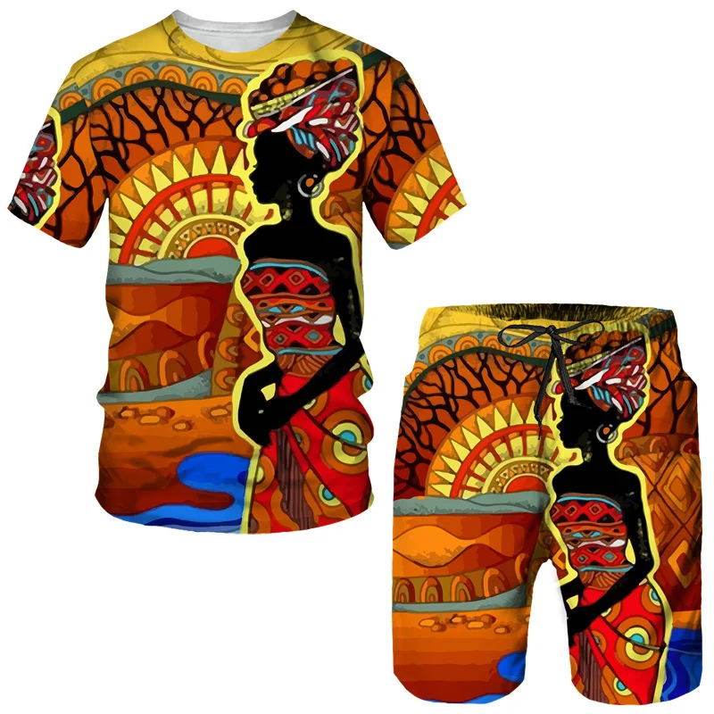 Fashion Men Summer Crew Neck Short Sleeve Top/Shorts/Retro Ethnic Style African Clothes Street Outfits Men\'s Leisure Sports Suit