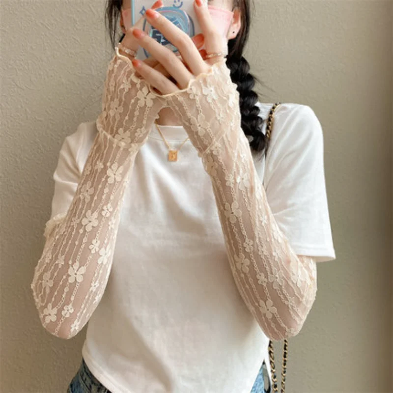 

Fashion Women Sun Protection Sleeves Driving Summer Thin Lace Mesh Breathable Arm Sleeve Long Fingerless Half finger Gloves
