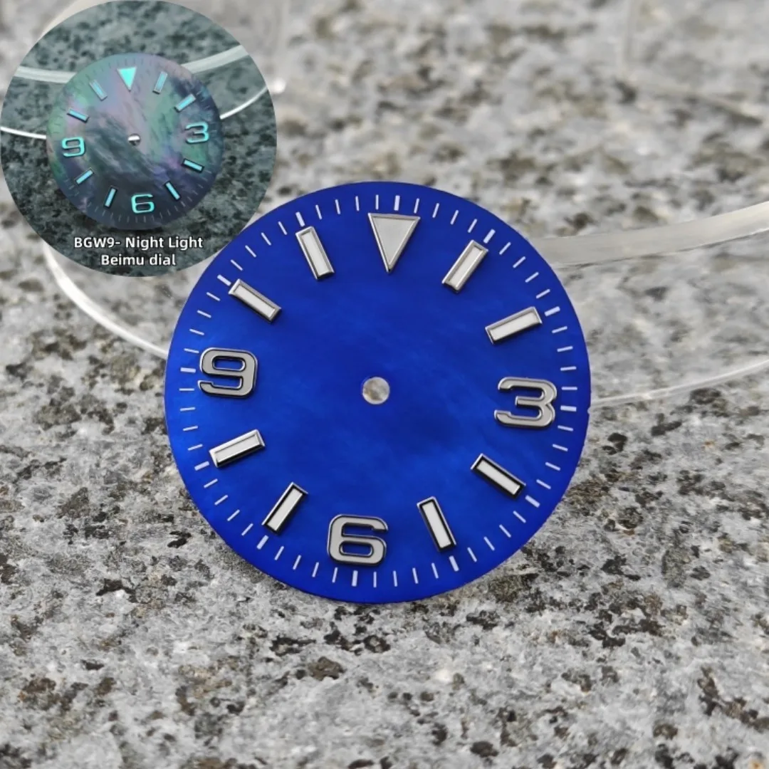 Циферблат часов 28,5 мм с натуральной поверхностью корпуса BGW9, светящиеся модифицированные аксессуары для часов ледяного синего цвета для механизма NH35