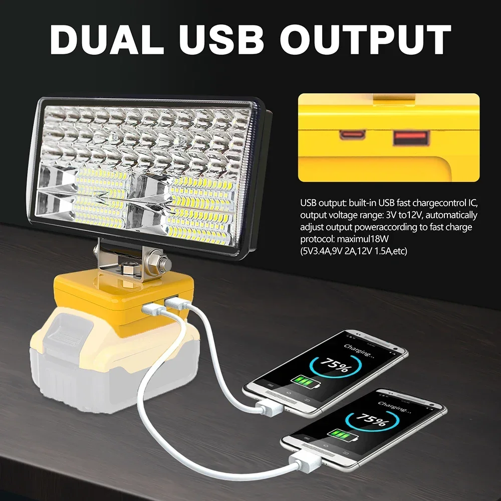 8 Inch Car LED Working Light Flashlight Electric Torch Spotlights For Dewalt DCB206 18V 20V Li-ion Battery Type C USB Power Bank