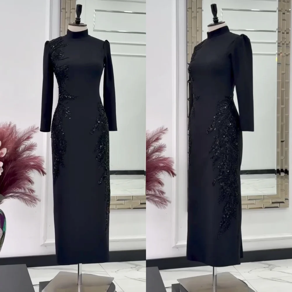 

Классические прямые черные платья миди из джерси с блестками и высоким воротником по индивидуальному заказу, роскошные вечерние изысканные вечерние платья в стиле ретро