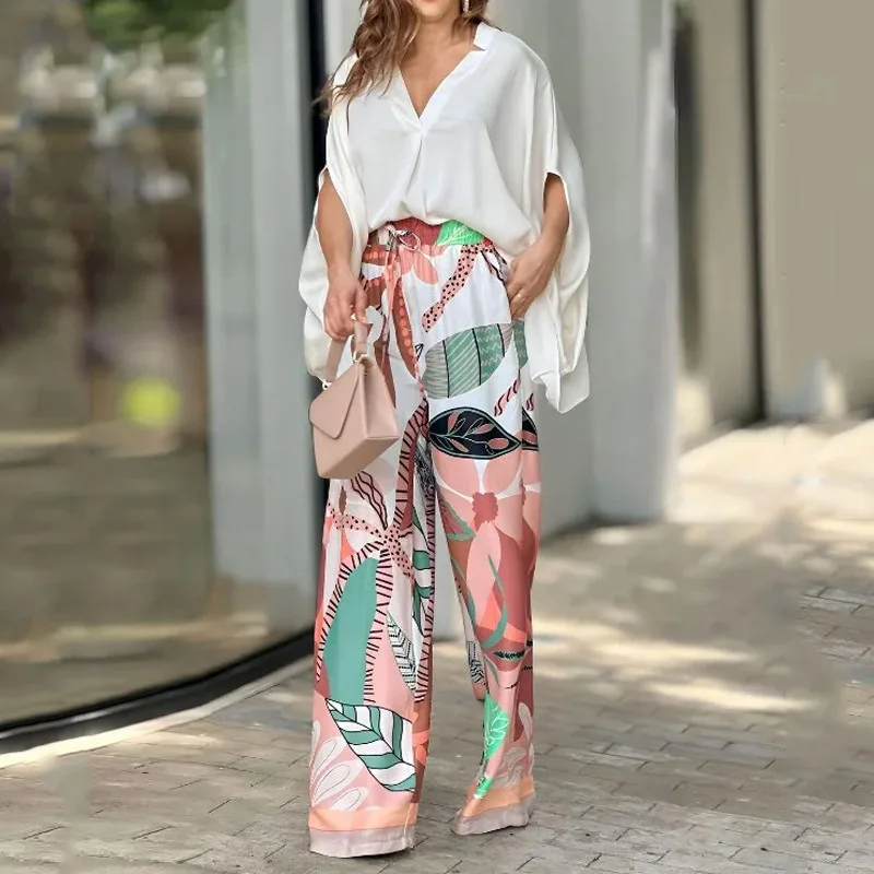 

Fashion Women Set Summer V-neck Bat Sleeve T-shirt Tops and Print High-waisted Wide-leg Pants Set Two Piece Sets Womens Outifits