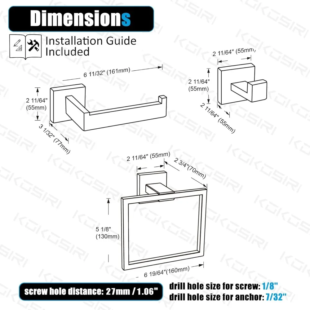 KOKOSIRI 4-Piece Bathroom Hardware Set Bath Accessories Set, Towel Ring, Toilet Paper Holder, Towel Hook X 2, Stainless Steel