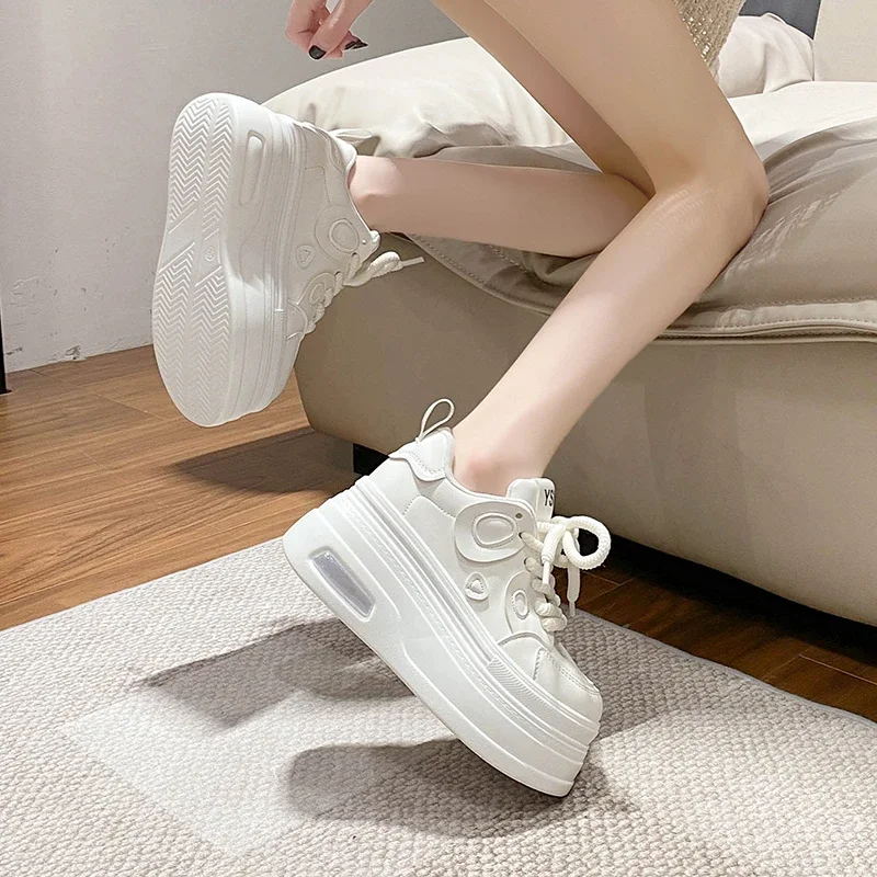 8CM High Platform Shoes Women Spring Autumn Chunky Sneakers Designer Thick Sole Leather Sports Shoes Breathable Sneakers Woman