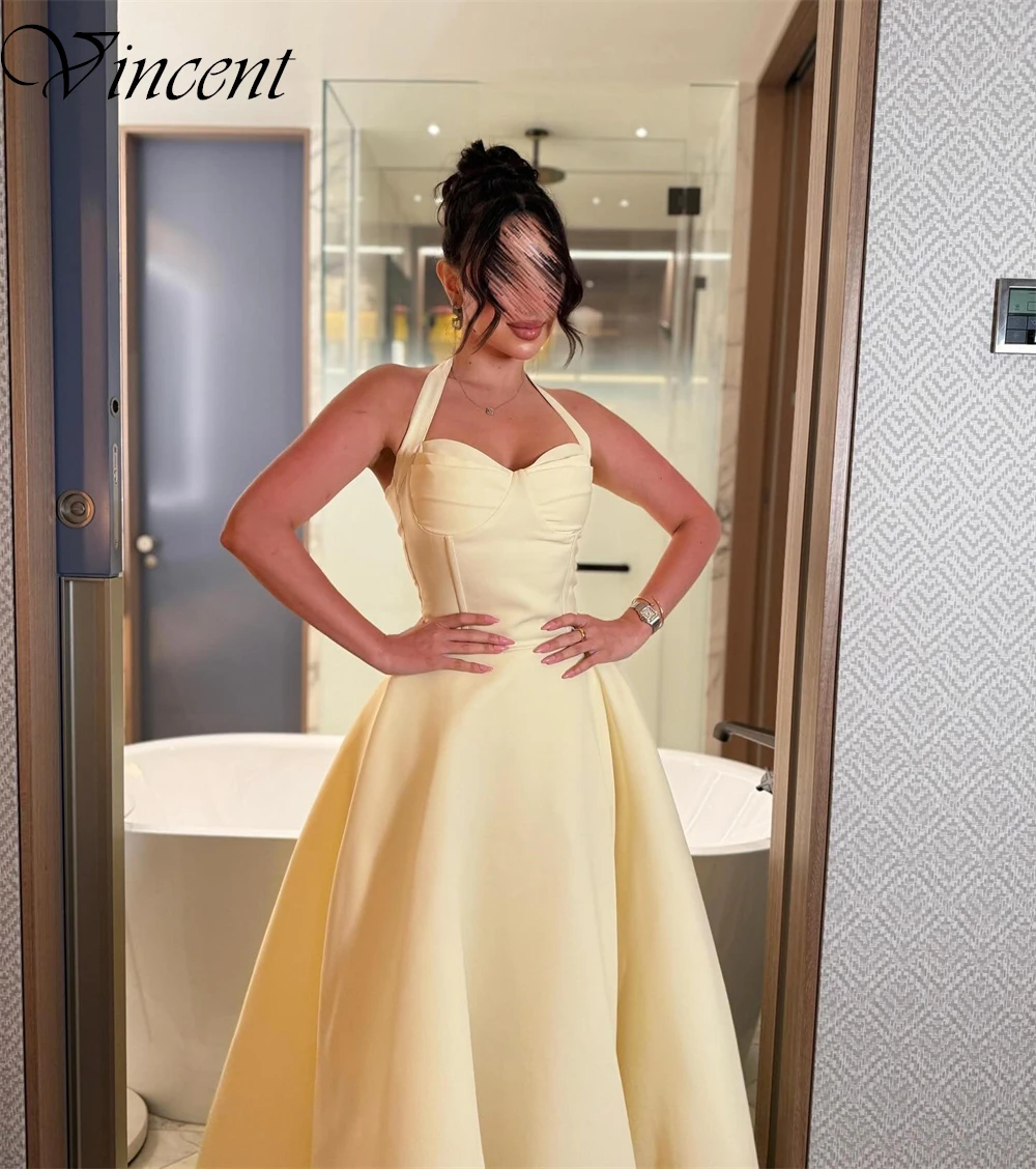 Желтые атласные платья для выпускного вечера в Саудовской Аравии по индивидуальному заказу для женщин, простое вечернее платье с лямкой на шее, классические вечерние платья трапециевидной формы без рукавов