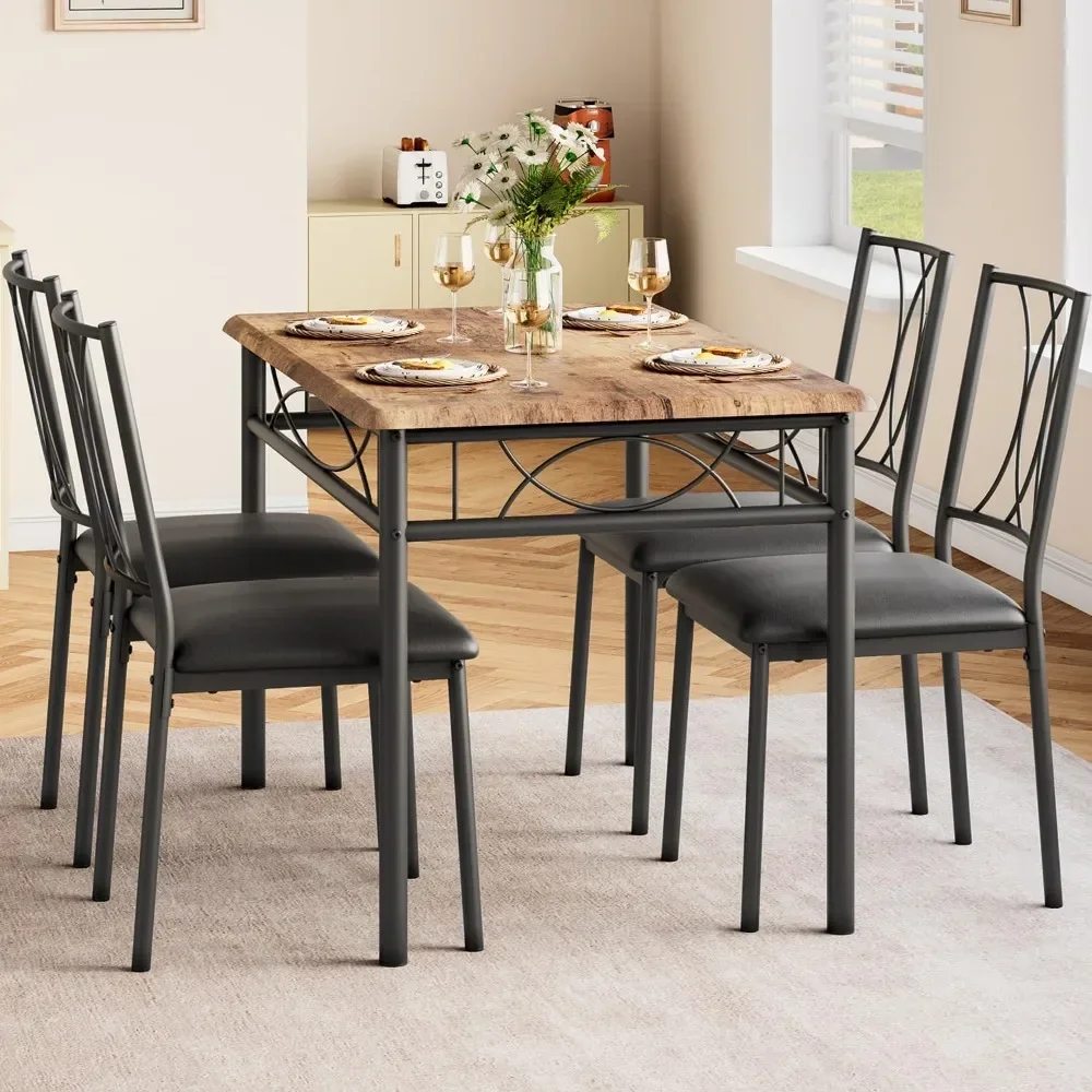 Dining Table Set for 4, Kitchen Table and Chairs for 4, Rectangular Dining Room Table Set with 4 Upholstered Chairs