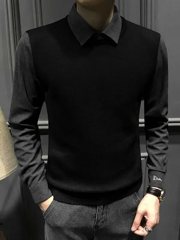 

Мужской вязаный свитер с длинным рукавом и воротником-стойкой, приталенный, теплый, базовый слой, черный, модный, повседневный, городской стильный топ