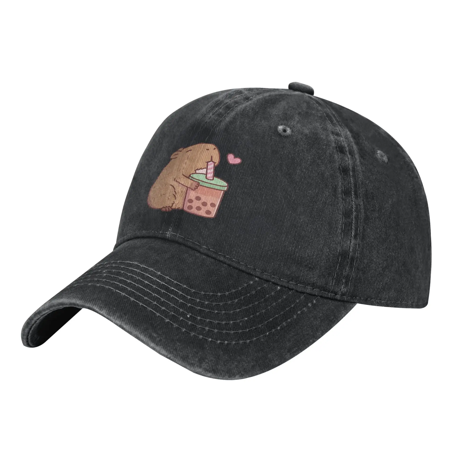 Vintage Cute Capybara Loves Bubble Tea Baseball Cap for Men Women Distressed Denim Sun Cap Cartoon Animals Outdoor Gift Hats Cap