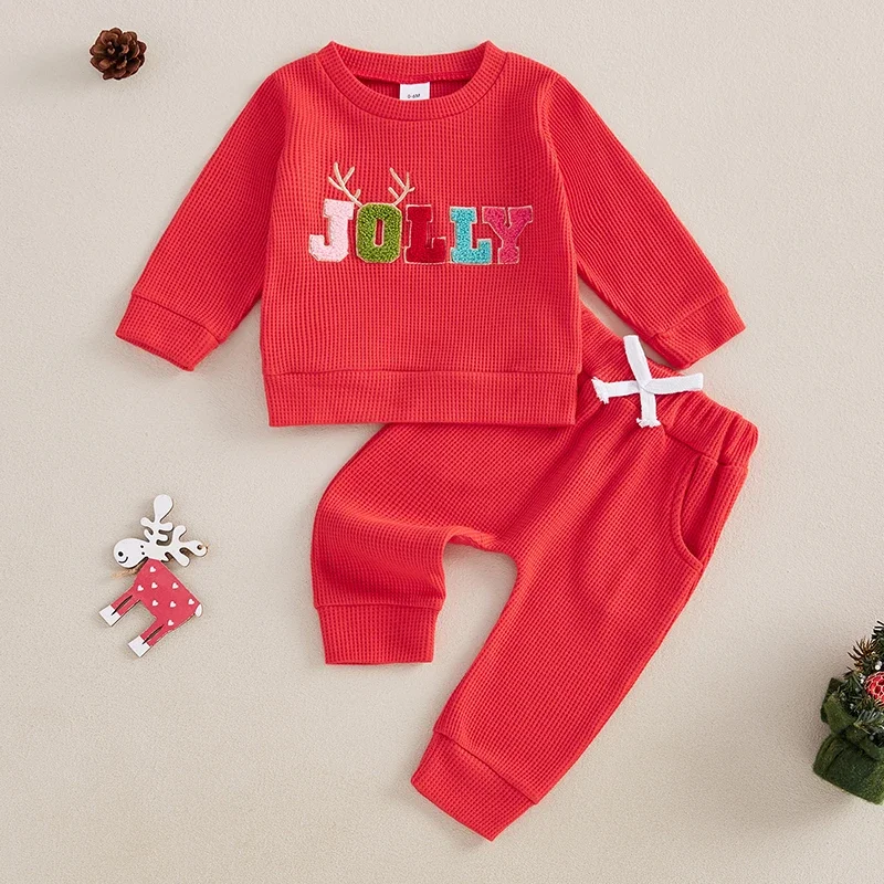 Baby Christmas 2Pcs Outfits Long Sleeve Antler Letter Embroidery Sweatshirt and Pocket Pants Set