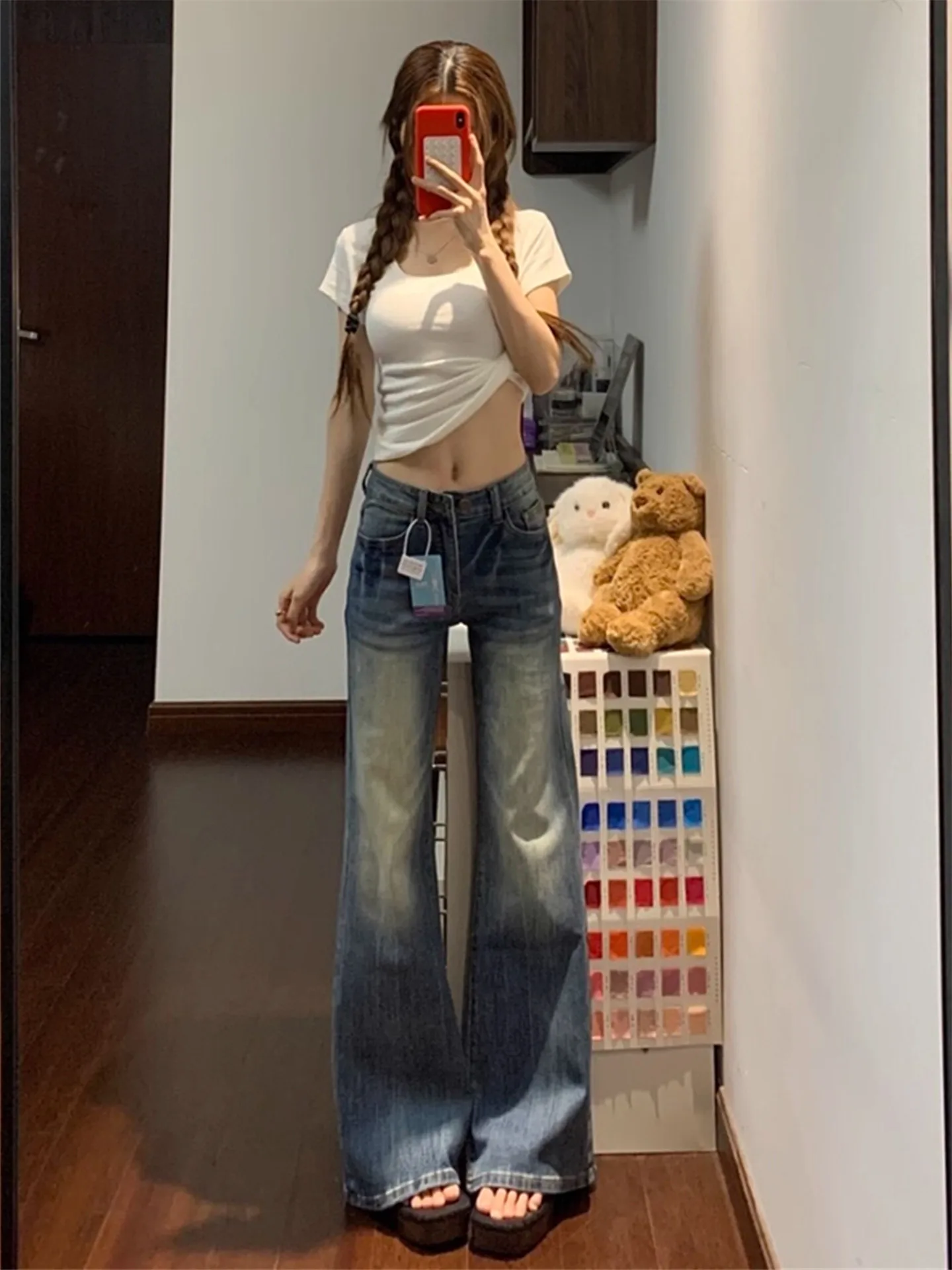 

American Style Vintage Blue Bell Bottom Jeans Women's Extended Tall Lengthened Floor-Length Pants Slimming Spring Autumn